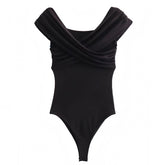 Black Bodycon Draped Ruched Off Shoulder One Piece Bodysuit